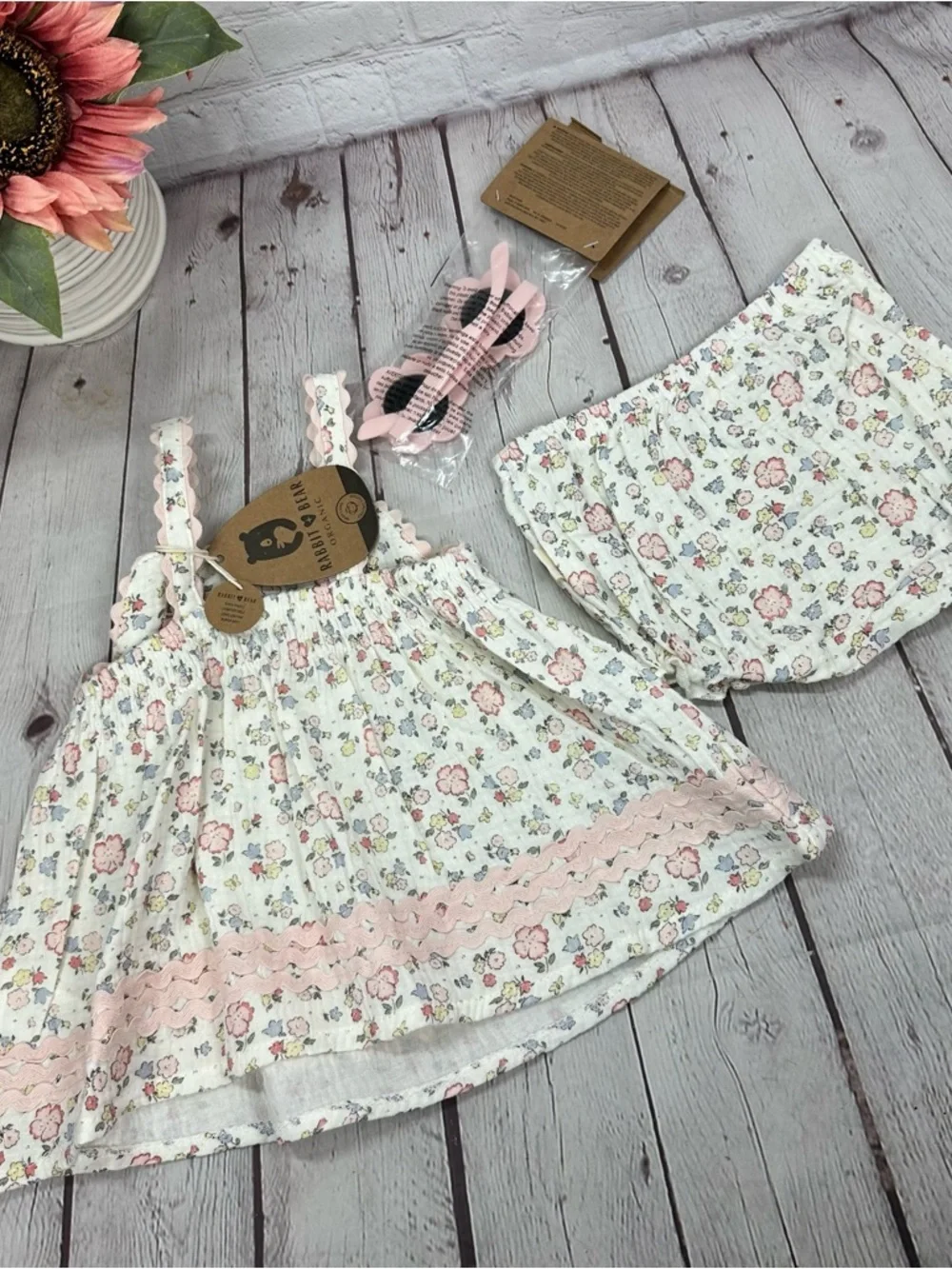 NWT Rabbit & Bear Organic cotton Pink Floral sundress Set 24M boho cottage